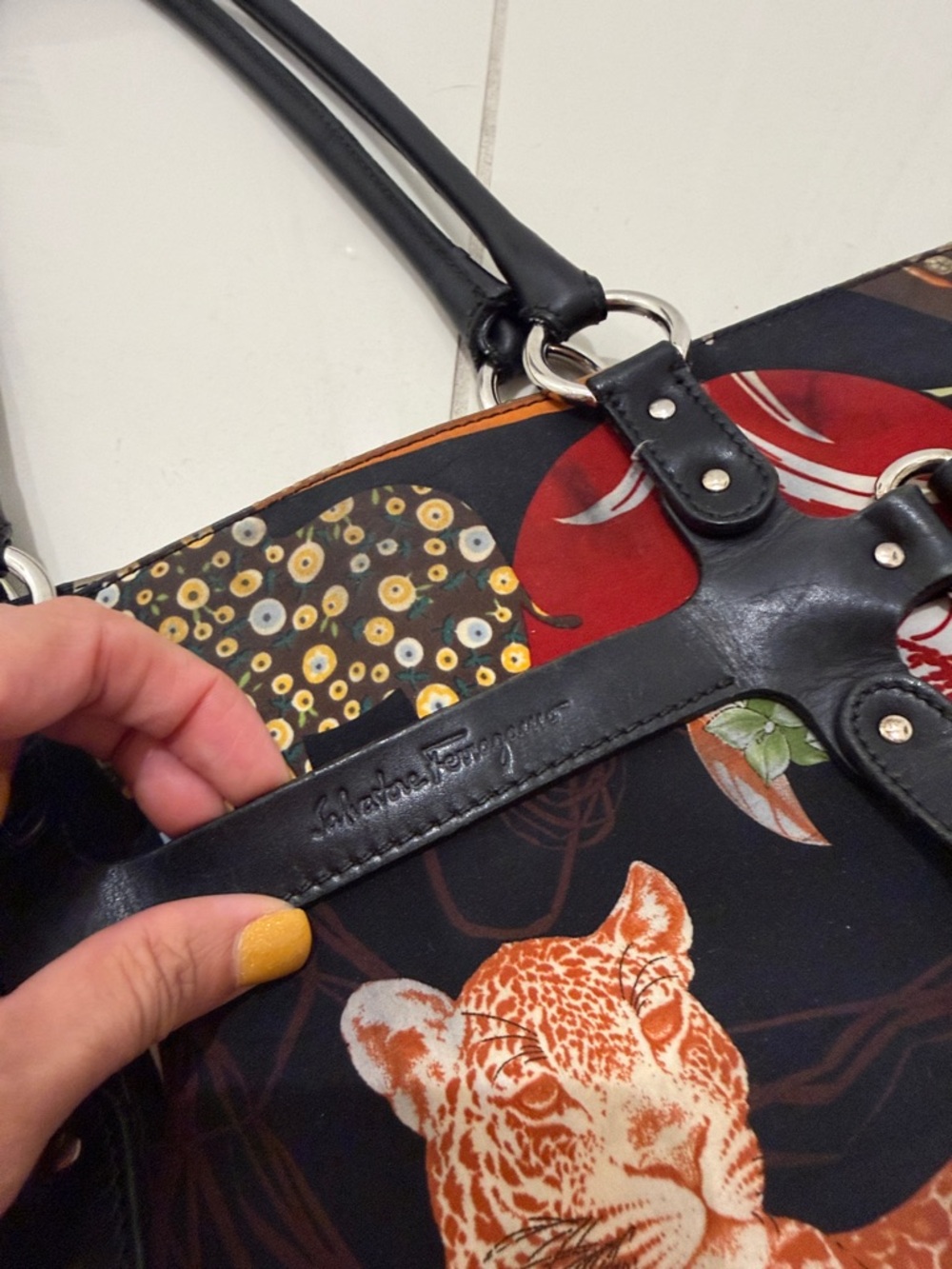 Salvatore Ferragamo Multicolor Leopard Patchwork Tote with Black Leather Straps - Picture 5 of 13